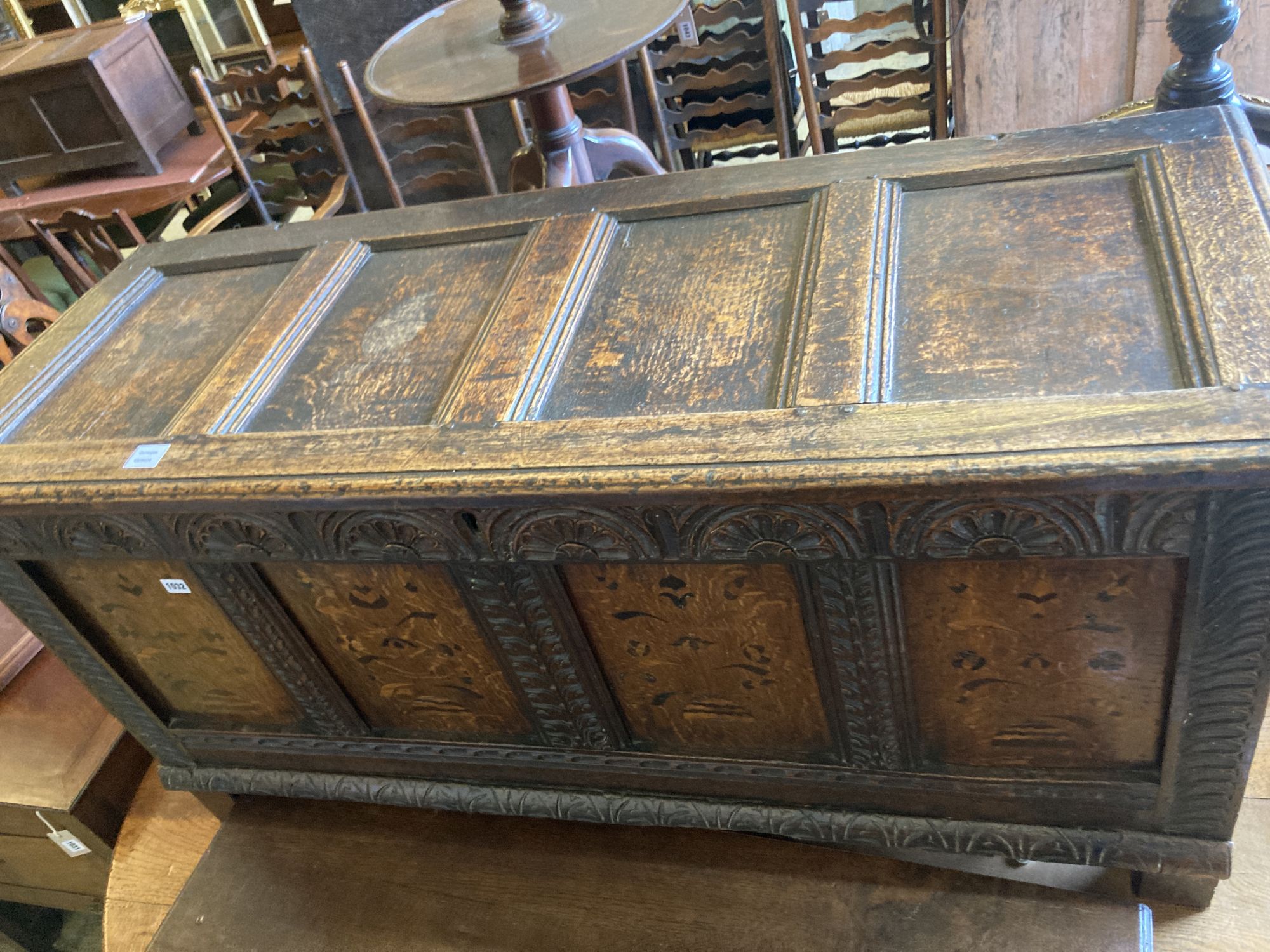 A late 17th century oak and marquetry coffer, length 141cm, depth 54cm, height 72cm